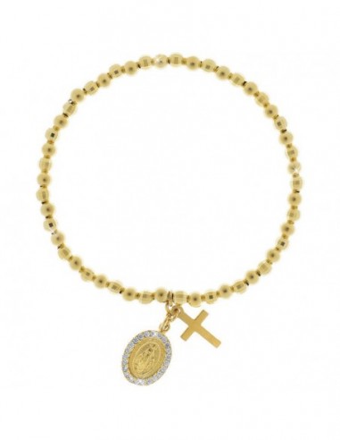 Bracciale elastico con sfere e penndeti croce e medaglietta miracolosa con zirconi [ebc8db12]