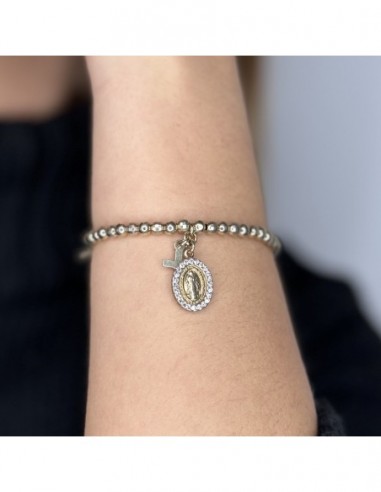Bracciale elastico con sfere e penndeti croce e medaglietta miracolosa con zirconi [9f82f08c]
