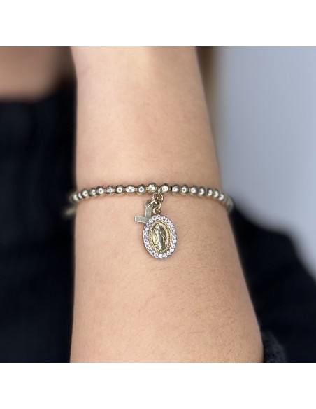 Bracciale elastico con sfere e penndeti croce e medaglietta miracolosa con zirconi [9f82f08c]