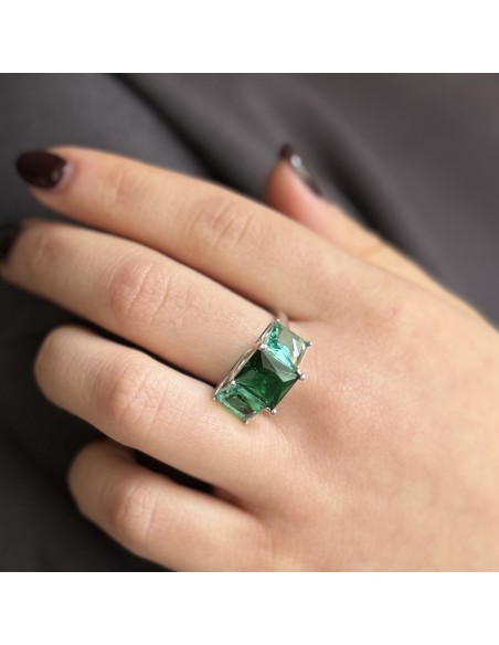 Anello Argento Rodiato Trilogy Pietre Verdi Rettangolari [4f0f611e]