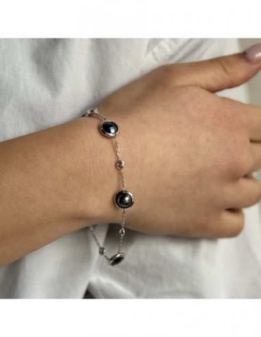 BRACCIALE ARGENTO CATENA ALTERNATA A PERLE E CRISTALLI BRIOLET E ZIRCONI BIANCHI [b42dd2a6]