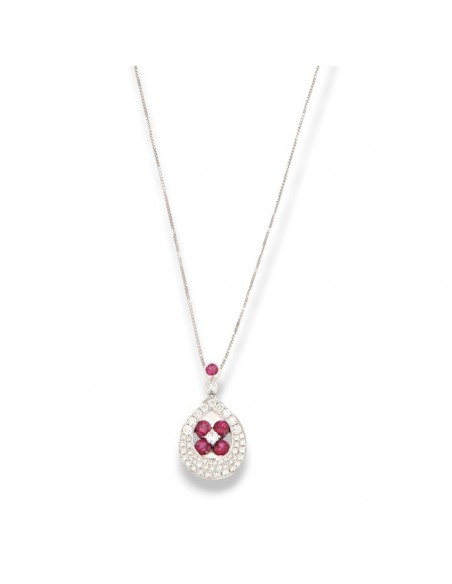 Collana Oro Bianco Goccia Rubini 0,52 Carati e Diamanti 0,46 Carati [d60fc04e]