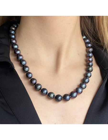 Collana Perle Acqua Dolce Scure 11MM Chiusura Oro Giallo [51c6abe6]