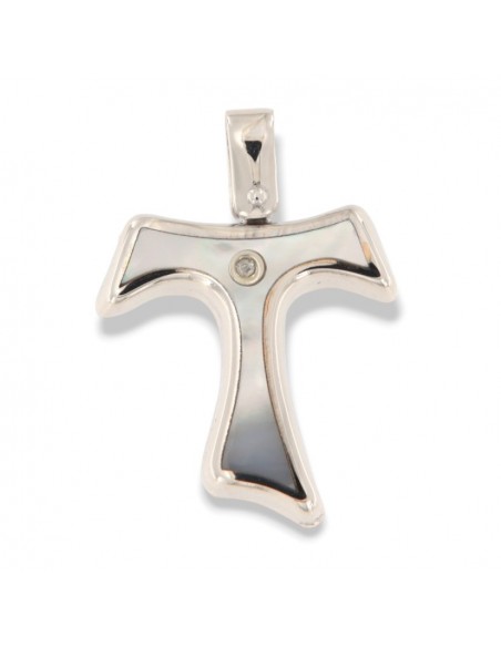 Ciondolo Oro Bianco Croce Madre Perla Diamante Centrale [96a73d52]