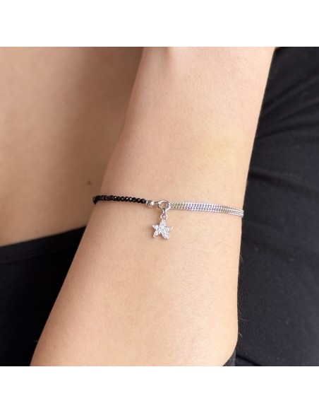 Bracciale Argento Rodiato Sfere Nere Stella Ciondolo Zirconi [567bfbd6]