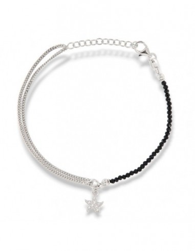 Bracciale Argento Rodiato Sfere Nere Stella Ciondolo Zirconi [e4367dcc]