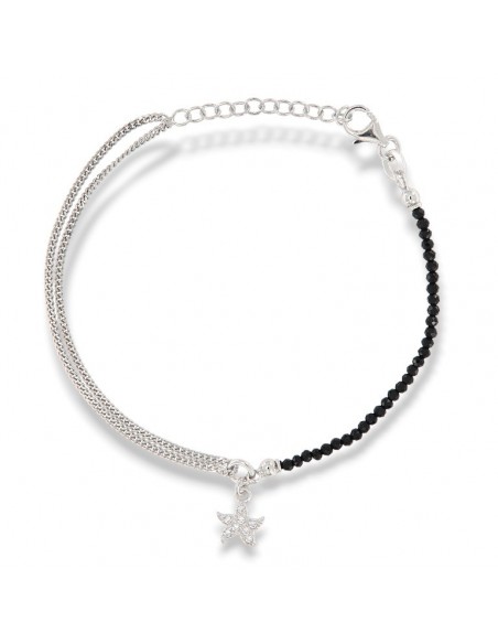 Bracciale Argento Rodiato Sfere Nere Stella Ciondolo Zirconi [e4367dcc]