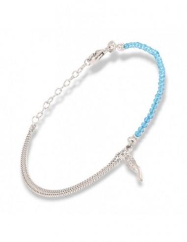Bracciale Argento Rodiato Sfere Celeste Corno Ciondolo Zirconi Bianchi [3823da44]