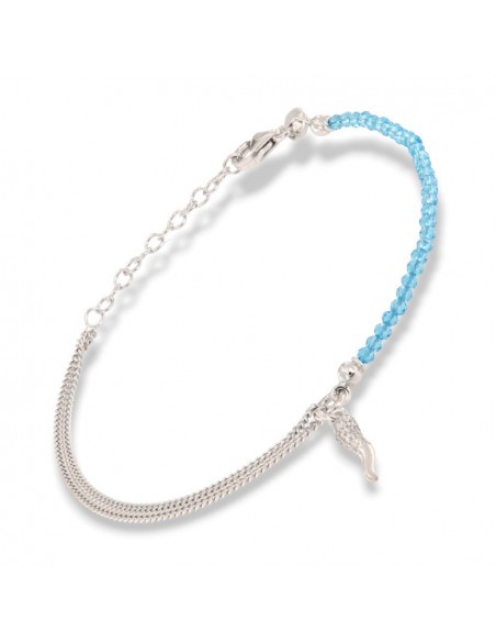 Bracciale Argento Rodiato Sfere Celeste Corno Ciondolo Zirconi Bianchi [3823da44]