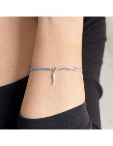 Bracciale Argento Rodiato Sfere Celeste Corno Ciondolo Zirconi Bianchi [d1d723d7]
