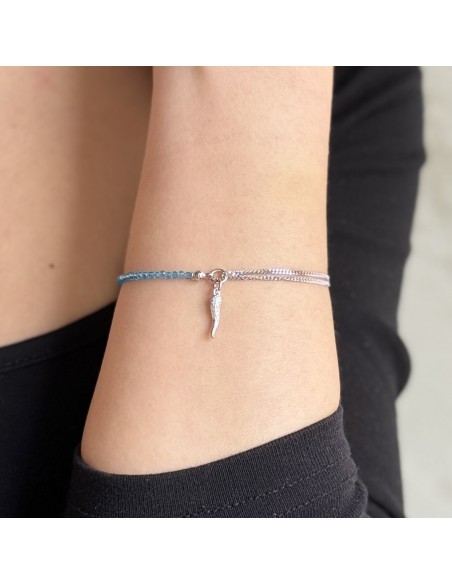 Bracciale Argento Rodiato Sfere Celeste Corno Ciondolo Zirconi Bianchi [d1d723d7]