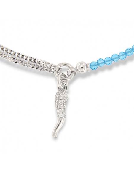Bracciale Argento Rodiato Sfere Celeste Corno Ciondolo Zirconi Bianchi [66cae2d3]