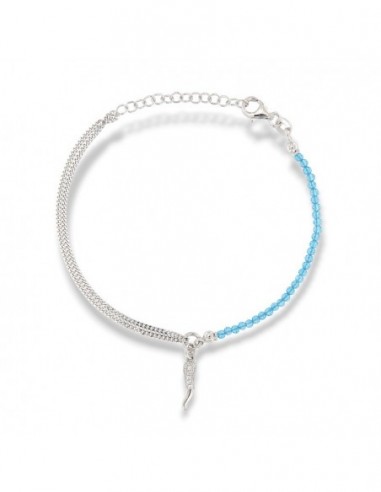 Bracciale Argento Rodiato Sfere Celeste Corno Ciondolo Zirconi Bianchi [639aa5cd]