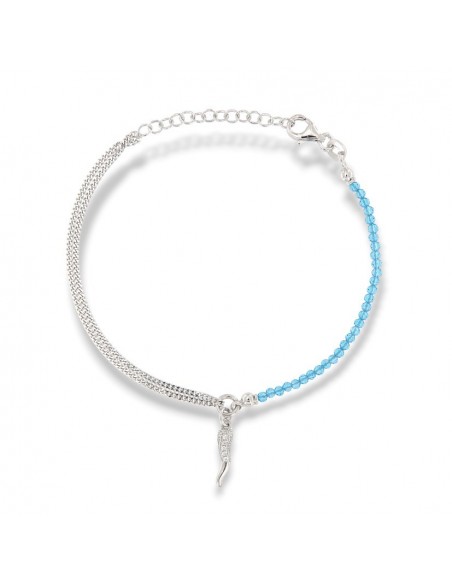 Bracciale Argento Rodiato Sfere Celeste Corno Ciondolo Zirconi Bianchi [639aa5cd]