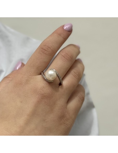 Anello Oro Bianco Perla Liscia Gambo Con Zirconi [eb8b2008]