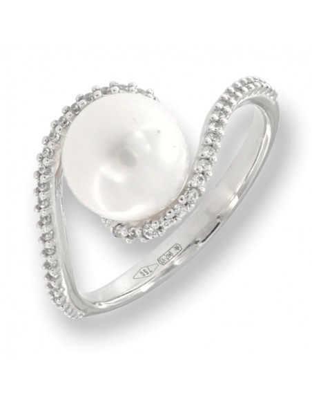 Anello Oro Bianco Perla Liscia Gambo Con Zirconi [5c96e10c]