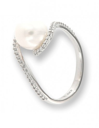 Anello Oro Bianco Perla Liscia Gambo Con Zirconi [59c6a612]