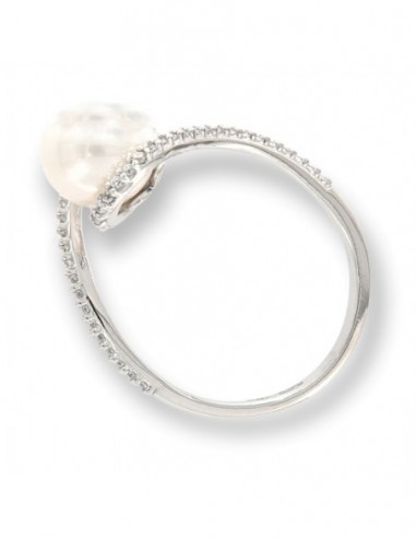 Anello Oro Bianco Perla Liscia Gambo Con Zirconi [eedb6716]