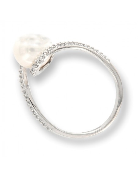 Anello Oro Bianco Perla Liscia Gambo Con Zirconi [eedb6716]