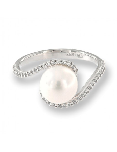 Anello Oro Bianco Perla Liscia Gambo Con Zirconi [37fd241b]