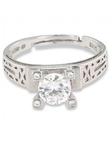 Anello Argento Rodiato Solitario Zircone Centrale 6mm E laterali [5faa54cc]