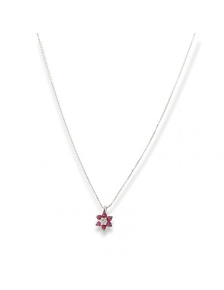 Ciondolo Oro Bianco Fiore Rubini 0,08 Diamanti 0,02 [15cae8a3]