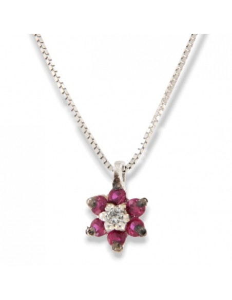 Ciondolo Oro Bianco Fiore Rubini 0,08 Diamanti 0,02 [1060d933]