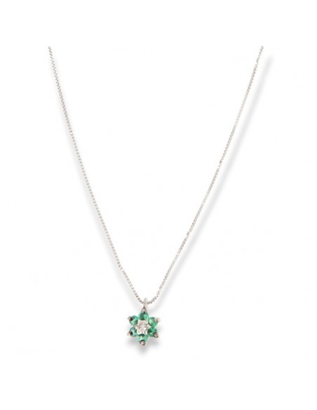 Ciondolo Oro Bianco Fiore Smeraldi 0,07 Diamanti 0,02 [a2d729a7]