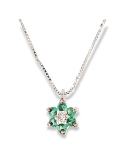 Ciondolo Oro Bianco Fiore Smeraldi 0,07 Diamanti 0,02 [97cc0132]