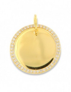 Ciondolo Argento Dorato Piastra Tonda Bordi Zirconi [45166c13]