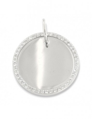 Ciondolo Argento Rodiato Piastra Tonda Bordi Zirconi Bianchi [c87401ac]