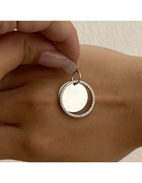 Ciondolo Argento Rodiato Piastra Tonda Bordi Zirconi Bianchi [834e08bb]