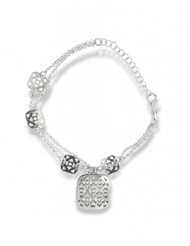 Bracciale Argento Rodiato Rollo Sfaccettata Con Piastre Quadrate Traforate [6ec63626]