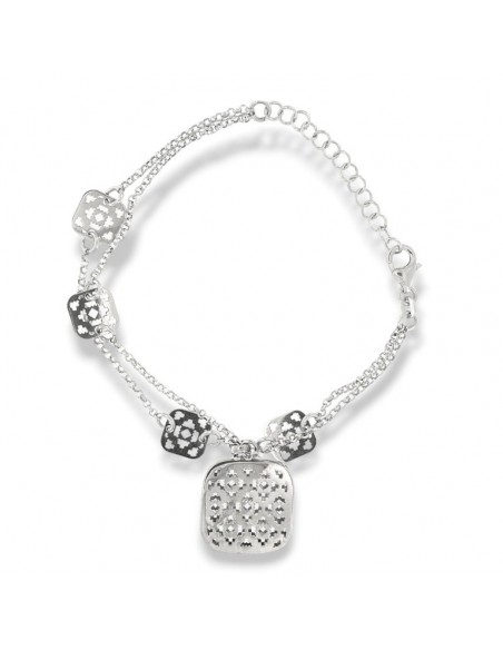 Bracciale Argento Rodiato Rollo Sfaccettata Con Piastre Quadrate Traforate [6ec63626]