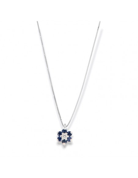Ciondolo Oro Bianco Fiore Zaffiro 0,15 Diamanti 0,03 [7e780bf7]