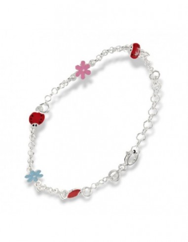 Bracciale Argento Rodiato Neonato Coccinelle Fiori [7ffc7990]