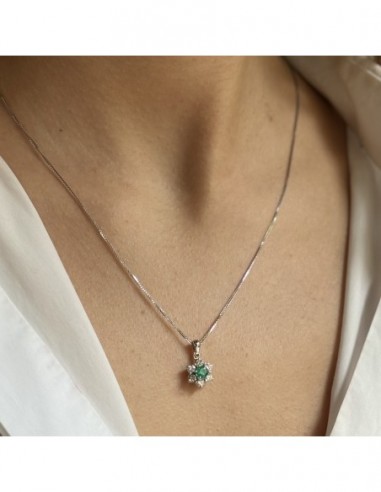 Ciondolo Oro Bianco Principessa Smeraldo Tondo 0,30 Carati Diamanti 0,48 Carati [770a4f0a]