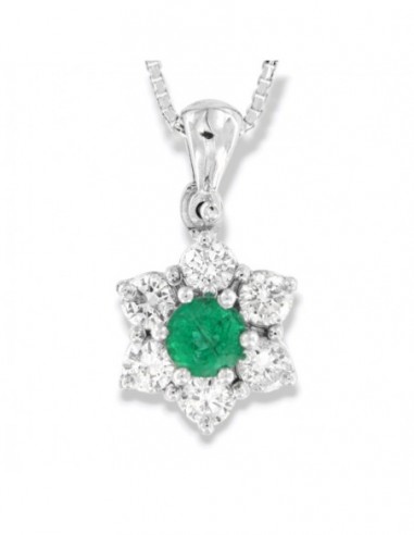 Ciondolo Oro Bianco Principessa Smeraldo Tondo 0,30 Carati Diamanti 0,48 Carati [c0178e0e]