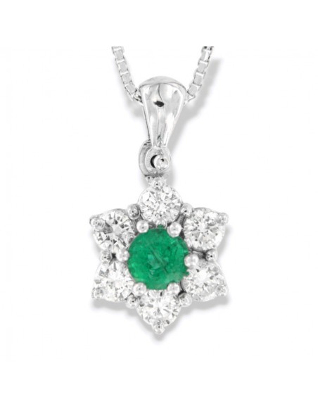 Ciondolo Oro Bianco Principessa Smeraldo Tondo 0,30 Carati Diamanti 0,48 Carati [c0178e0e]