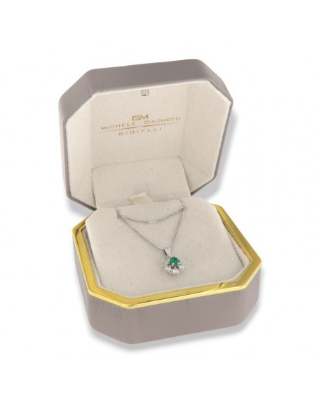 Ciondolo Oro Bianco Principessa Smeraldo Tondo 0,30 Carati Diamanti 0,48 Carati [ab7c4b19]