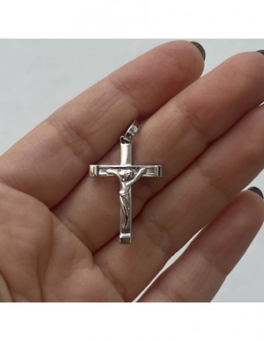 Ciondolo Oro Bianco Croce Gesù Cristo Rilievo 27MM [64dc4019]