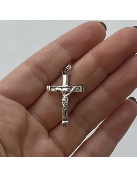 Ciondolo Oro Bianco Croce Gesù Cristo Rilievo 27MM [64dc4019]