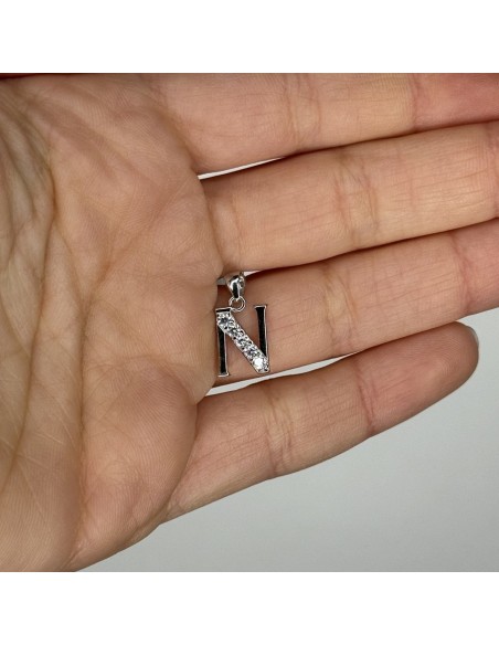 Ciondolo Argento Rodiato Iniziale N ZIrconi Bianchi [c627b73a]