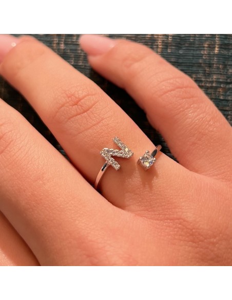 Anello Argento Rodiato Lettera N Punto Luce [b32f4d9c]