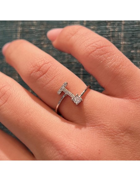Anello Argento Rodiato Lettera T Punto Luce [3288544d]