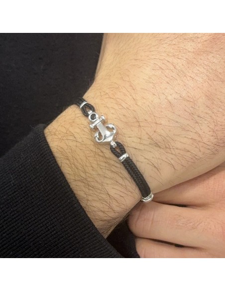 Bracciale Argento Rodiato Ancora Laccio Nero Doppio [91e0e868]