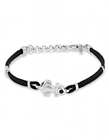 Bracciale Argento Rodiato Ancora Laccio Nero Doppio [23ad6e72]