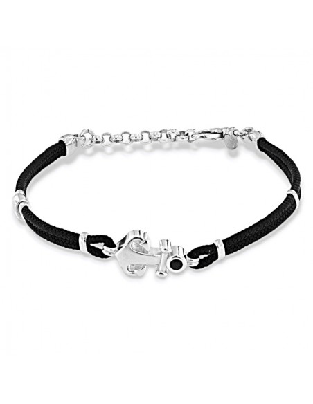 Bracciale Argento Rodiato Ancora Laccio Nero Doppio [23ad6e72]