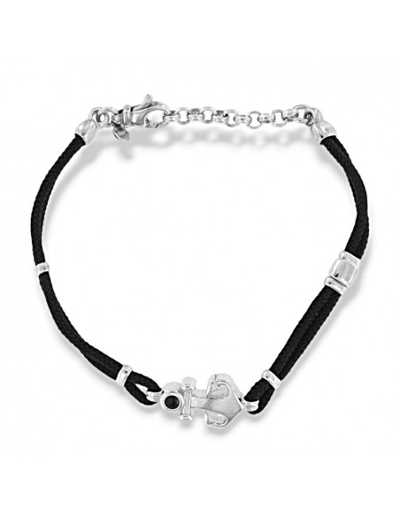 Bracciale Argento Rodiato Ancora Laccio Nero Doppio [94b0af76]