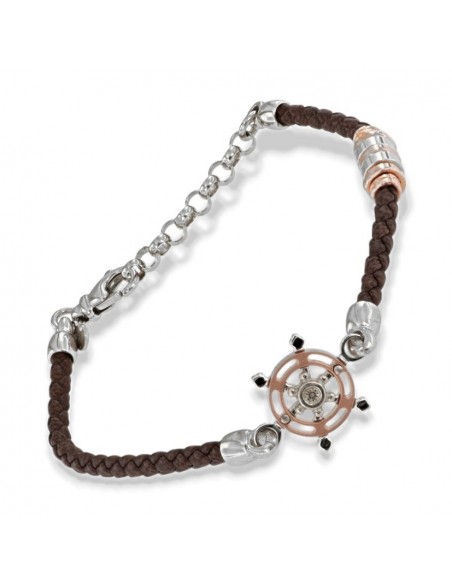 Bracciale Argento Rodiato Rosa Dei Venti Laccio Marrone [91c53d81]